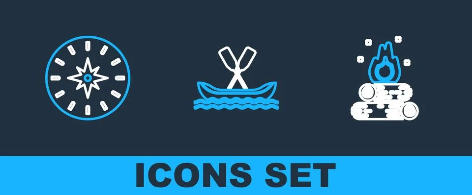 Set line Campfire, Compass and Rafting boat icon. Vector Stock Illustration