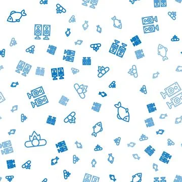 Set line Campfire, Fish and Stereo speaker on seamless pattern. Vector 스톡 일러스트