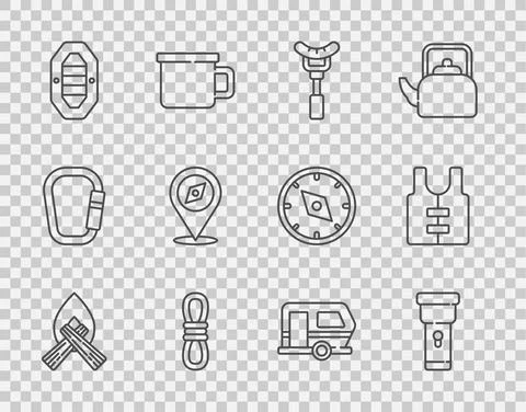 Set line Campfire, Flashlight, Sausage on the fork, Climber rope, Rafting boat Illustration