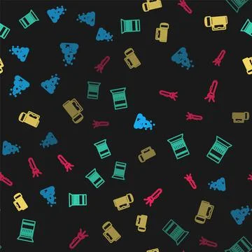 Set line Campfire, Open matchbox and matches, Flashlight and on seamless pattern 스톡 일러스트