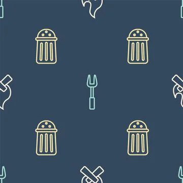 Set line Campfire, Salt and Barbecue fork on seamless pattern. Vector Stock Illustration