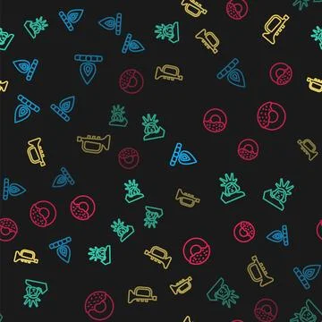 Set line Campfire, Statue of Liberty, Trumpet and Donut on seamless pattern.. Stock Illustration