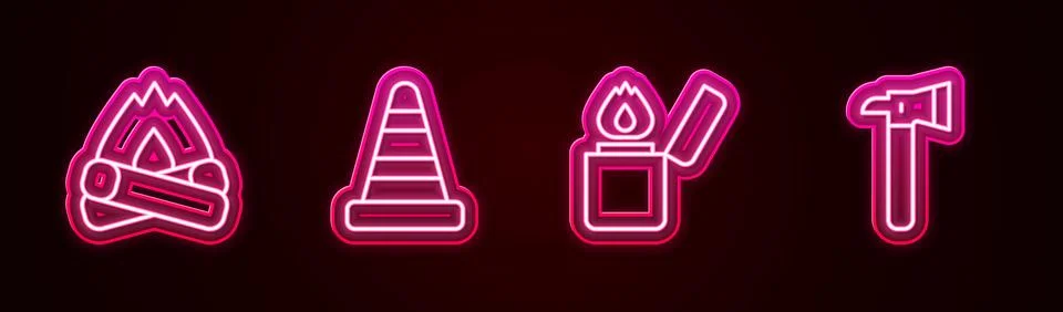 Set line Campfire, Traffic cone, Lighter and Firefighter axe. Glowing neon .. Stock Illustration