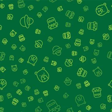 Set line Camping hat, Bear head and Hiking backpack on seamless pattern. Vect Stock Illustration