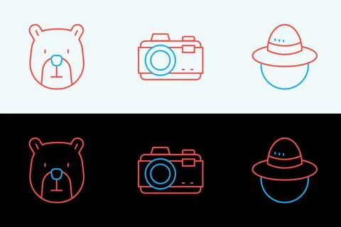 Set line Camping hat, Bear head and Photo camera icon. Vector Illustrazione stock