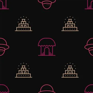 Set line Camping hat, Chichen Itza Mayan and African hut on seamless pattern Stock Illustration