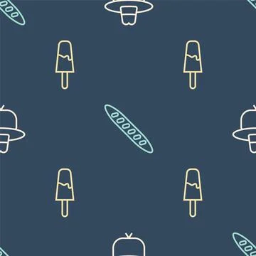 Set line Camping hat, Ice cream and French baguette bread on seamless pattern Stock Illustration