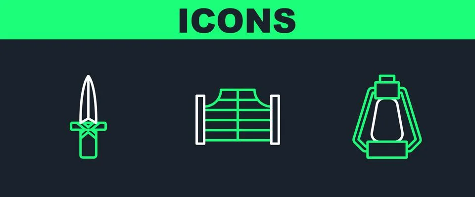 Set line Camping lantern, Dagger and Saloon door icon. Vector Stock Illustration