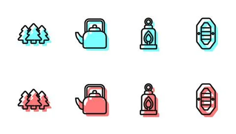 Set line Camping lantern, Forest, Kettle with handle and Rafting boat icon Illustration