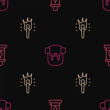 Set line Camping lantern, Torch flame and Hiking backpack on seamless pattern Illustrazione stock