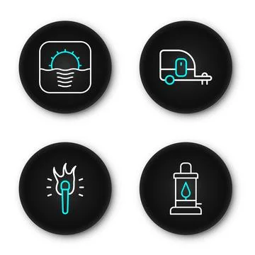 Set line Camping lantern, Torch flame, Rv trailer and Sunrise icon. Vector Stock Illustration