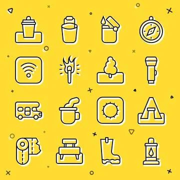Set line Camping lantern, Tourist tent, Flashlight, Lighter, Torch flame, Wi-Fi Ilustración de archivo