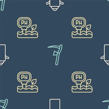 Set line Can container for milk, Soil ph testing and Scythe on seamless pattern Illustrazione stock