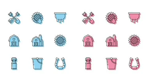Set line Can container for milk, Bucket, Shovel and rake, Horseshoe, Farm House Illustration