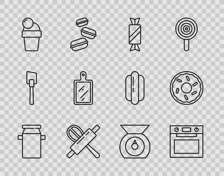 Set line Can container for milk, Oven, Candy, Kitchen whisk rolling pin, Ice Stock Illustration
