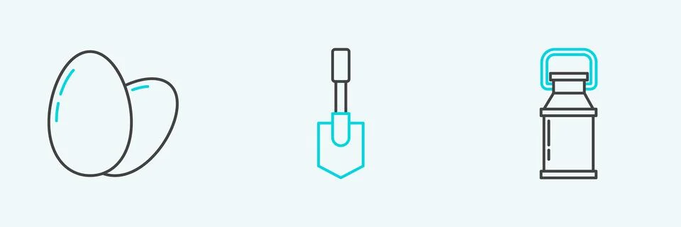 Set line Can container for milk, Chicken egg and Shovel icon. Vector 스톡 일러스트