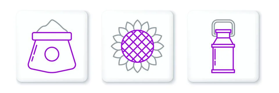 Set line Can container for milk, Bag of flour and Sunflower icon. Vector Illustration