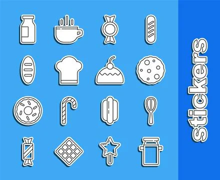 Set line Can container for milk, Kitchen whisk, Cookie biscuit, Candy, Chef hat Stock Illustration