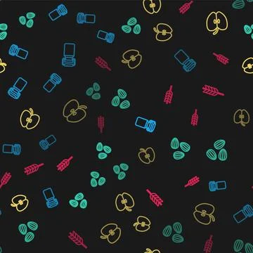 Set line Can container for milk, Seeds, Apple and Wheat on seamless pattern Stock Illustration