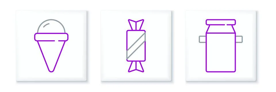 Set line Can container for milk, Ice cream waffle cone and Candy icon. Vector Illustration