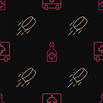 Set line Canada day with maple leaf, Hockey puck and Bottle of syrup on seamless Stock Illustration