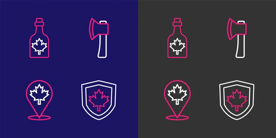 Set line Canada flag on shield, Mountains, Wooden axe and Bottle of maple s.. Stock Illustration