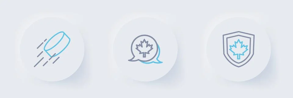Set line Canada flag on shield, Canadian maple leaf and Hockey puck icon. V.. Stock Illustration