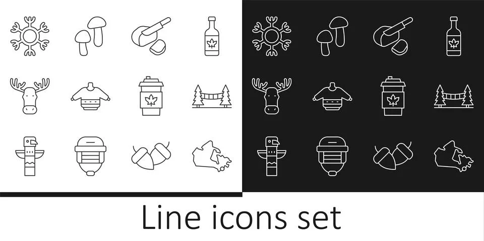 Set line Canada map, Capilano Suspension Bridge, Peameal bacon, Christmas Illustrazione stock