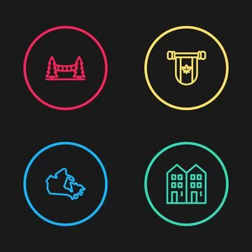 Set line Canada map, House, Pennant and Capilano Suspension Bridge icon. Vector Illustrazione stock