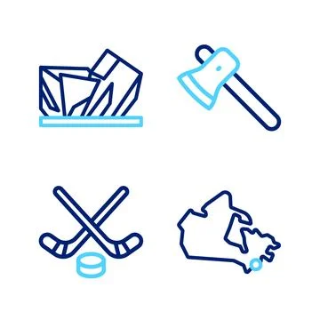 Set line Canada map, Ice hockey sticks and puck, Wooden axe and Royal Ontar.. Stock Illustration