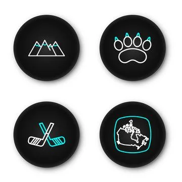 Set line Canada map, Ice hockey sticks, Bear paw footprint and Canadian map.. Stock Illustration
