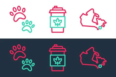 Set line Canada map, Paw print and Coffee cup to go icon. Vector 스톡 일러스트