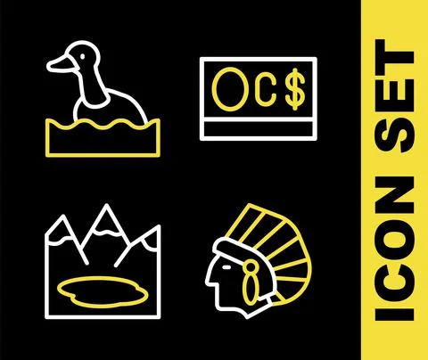 Set line Canadian dollar, Native American Indian, lake and Flying duck icon Stock Illustration