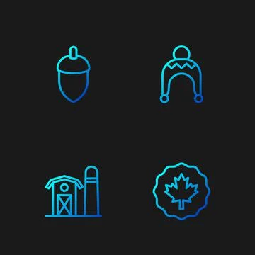 Set line Canadian maple leaf, Farm house, Acorn and Winter hat. Gradient color Stock Illustration