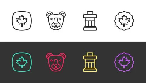 Set line Canadian maple leaf, Bear head, Inukshuk and on black and white. Vector Stock Illustration