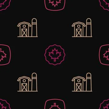 Set line Canadian maple leaf, Farm house and on seamless pattern. Vector Stock Illustration