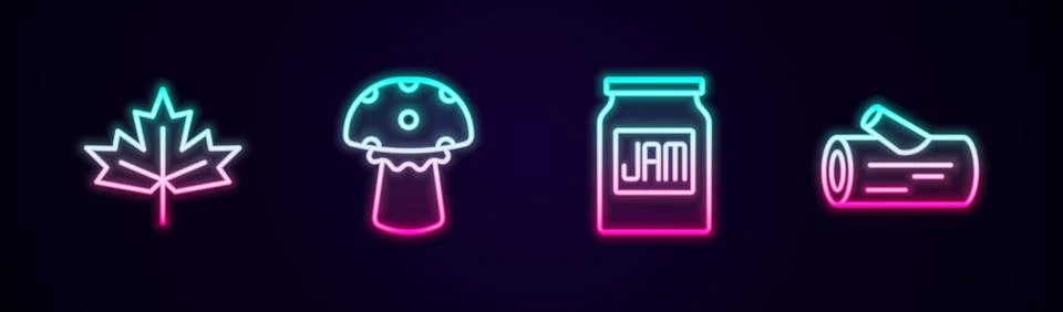 Set line Canadian maple leaf, Mushroom, Jam jar and Wooden log. Glowing neon 스톡 일러스트
