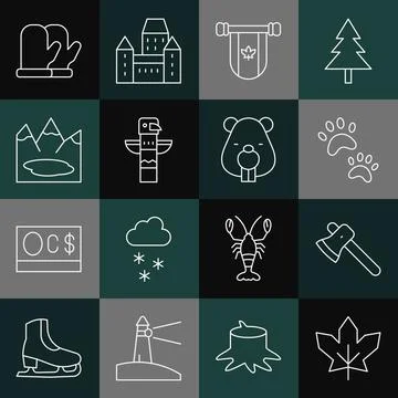 Set line Canadian maple leaf, Wooden axe, Paw print, Pennant Canada, totem pole イラスト素材