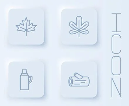 Set line Canadian maple leaf, Chestnut, Thermos container and Wooden log. White Stock Illustration