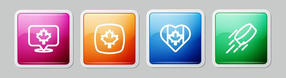 Set line Canadian maple leaf, Heart shaped Canada flag and Hockey puck. Colorful Stock Illustration
