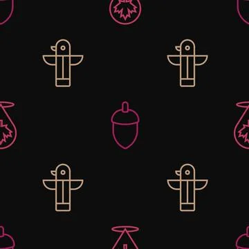 Set line Canadian maple leaf, totem pole and Acorn on seamless pattern. Vecto Stock Illustration