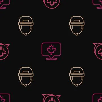 Set line Canadian maple leaf, Hockey helmet and  on seamless pattern. Vector Stock Illustration
