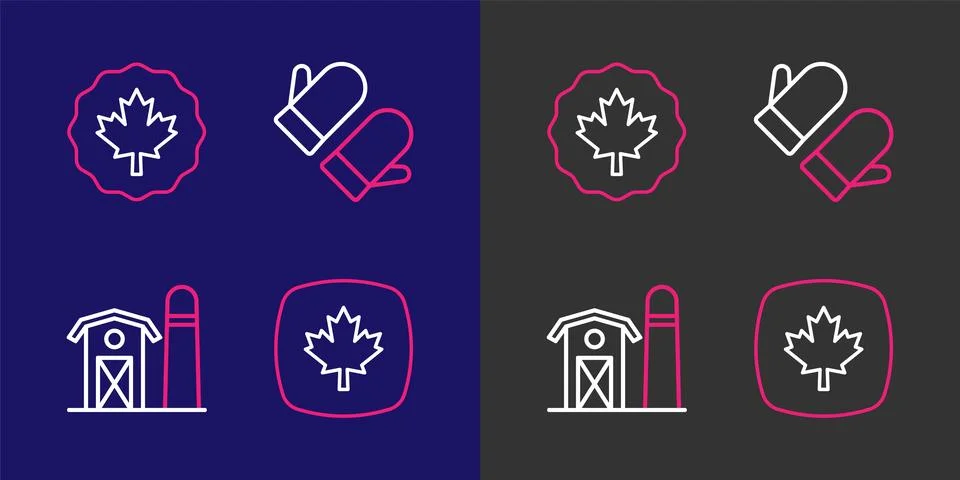 Set line Canadian maple leaf, Farm house, Christmas mitten and  icon. Vector Stock Illustration