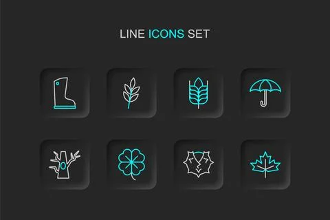 Set line Canadian maple leaf, Chestnut, Four clover, Bare tree, Umbrella, W.. Stock Illustration