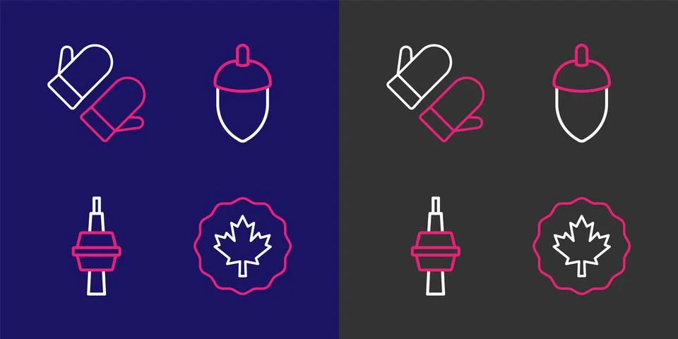 Set line Canadian maple leaf, TV CN Tower in Toronto, Acorn and Christmas m.. Stock Illustration