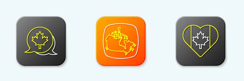 Set line Canadian maple leaf, Canada and Heart shaped flag icon. Vector Stock Illustration