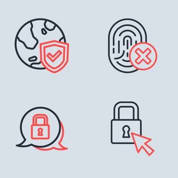 Set line Cancelled fingerprint, Lock,  and Shield with world globe icon. Vect Stock Illustration