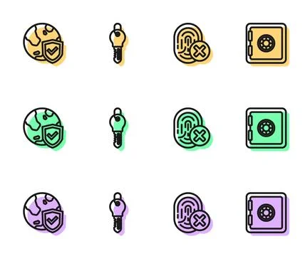 Set line Cancelled fingerprint, Shield with world globe, Key and Safe icon Stock Illustration
