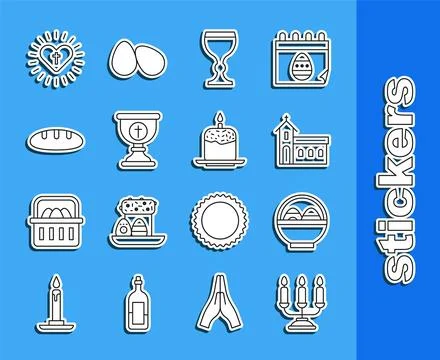 Set line Candelabrum with candlesticks, Basket easter eggs, Church building Ilustración de archivo