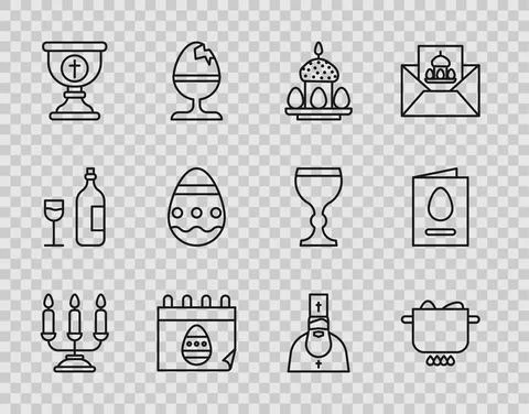Set line Candelabrum with candlesticks, Egg in hot pot, Easter cake eggs Illustrazione stock